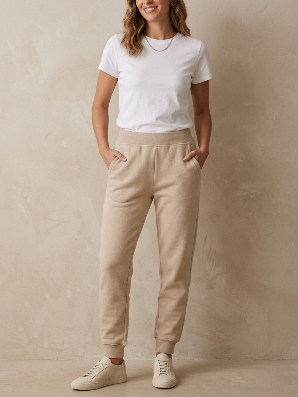 Neutral Ribbed Waist Fleece-Lined Sweatpants